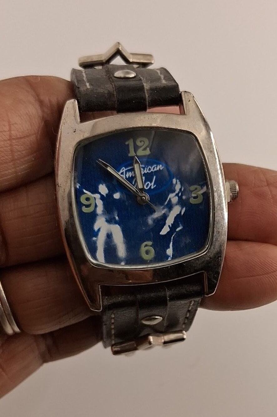 Vintage American Idol Watch Blue Graphic Dial Black Studded Leather Strap 2000s